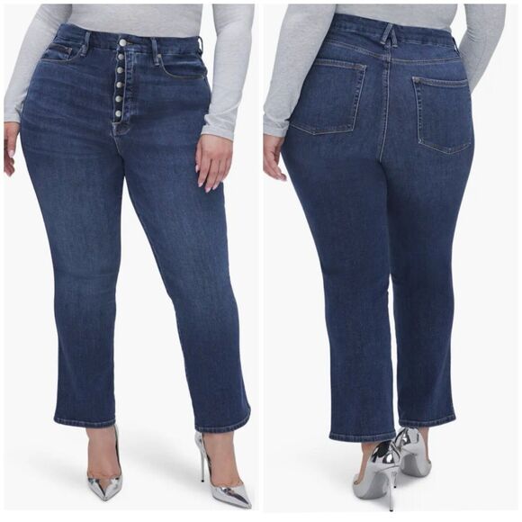 Good American Curve Exposed Button High Waist Straight Leg Jeans Denim Sz16 Blue - Picture 1 of 16